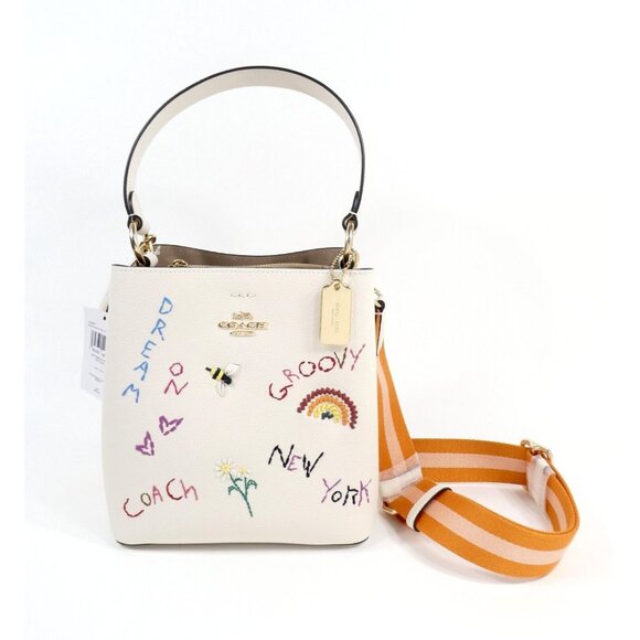 Coach Chalk Multi Diary Embroidery Small Town Leather Bucket Bag NWT C8282 - Picture 1 of 6